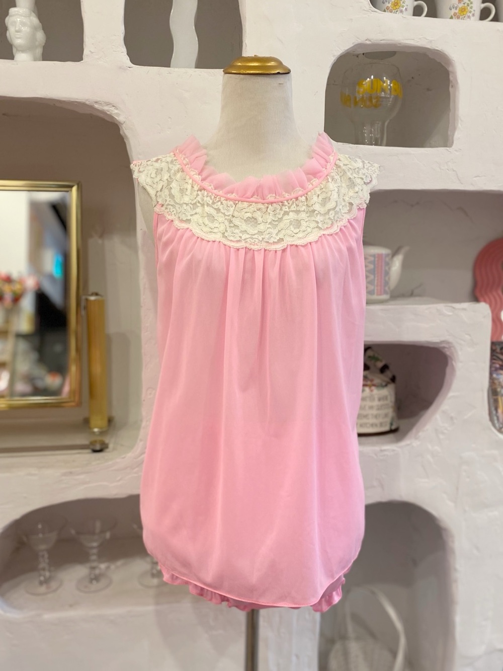 Retro 60s 70s Pink Lace Ruffled Chiffon Babydoll & Bloomers Lingerie Sleep Set